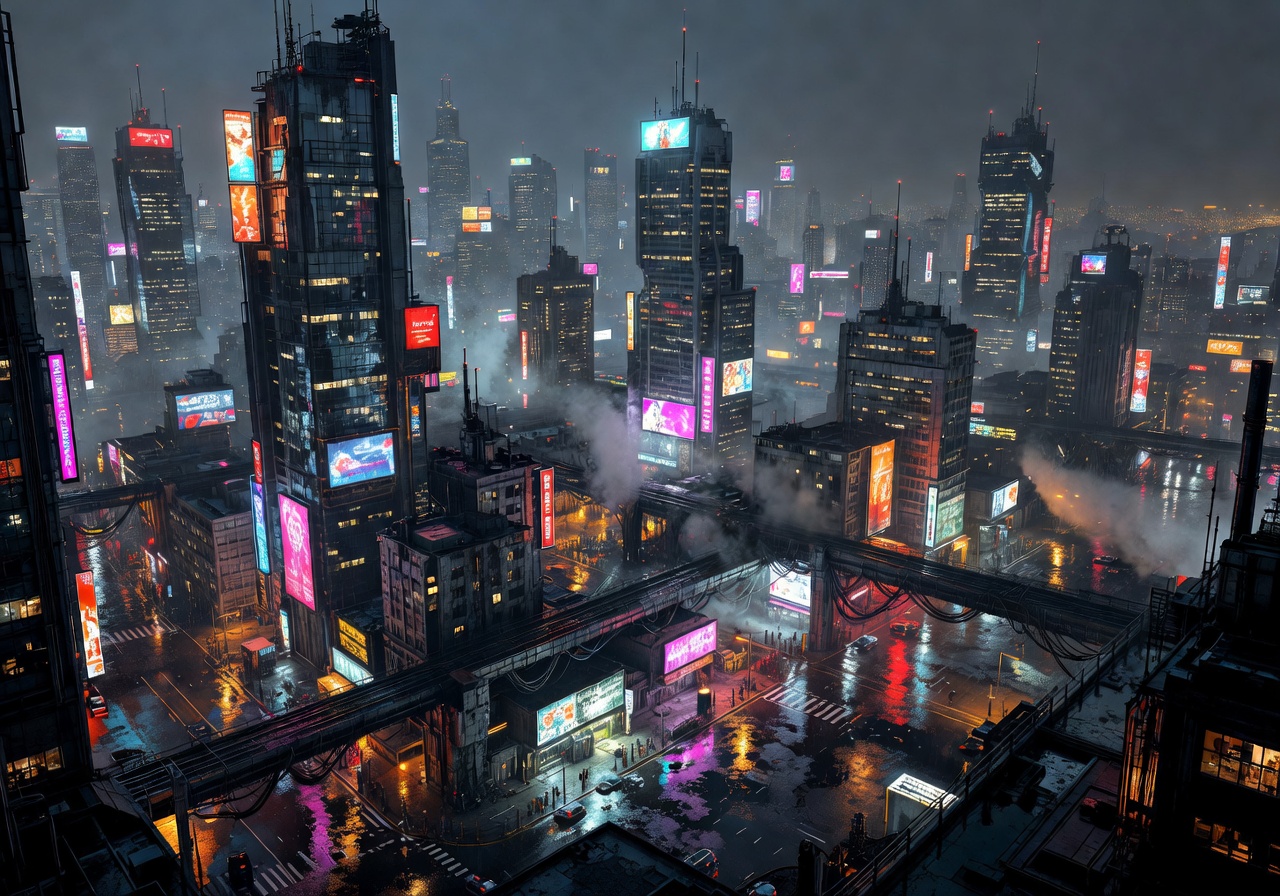 Futuristic neon cyber city skyline at night